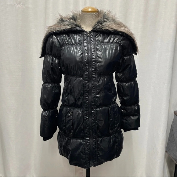 Winter coat long glossy black UK2LA brand size medium/12 woman’s - Picture 1 of 16
